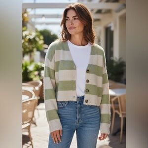Billabong Striped V-Neck Button Cardigan - Sage Green & Cream